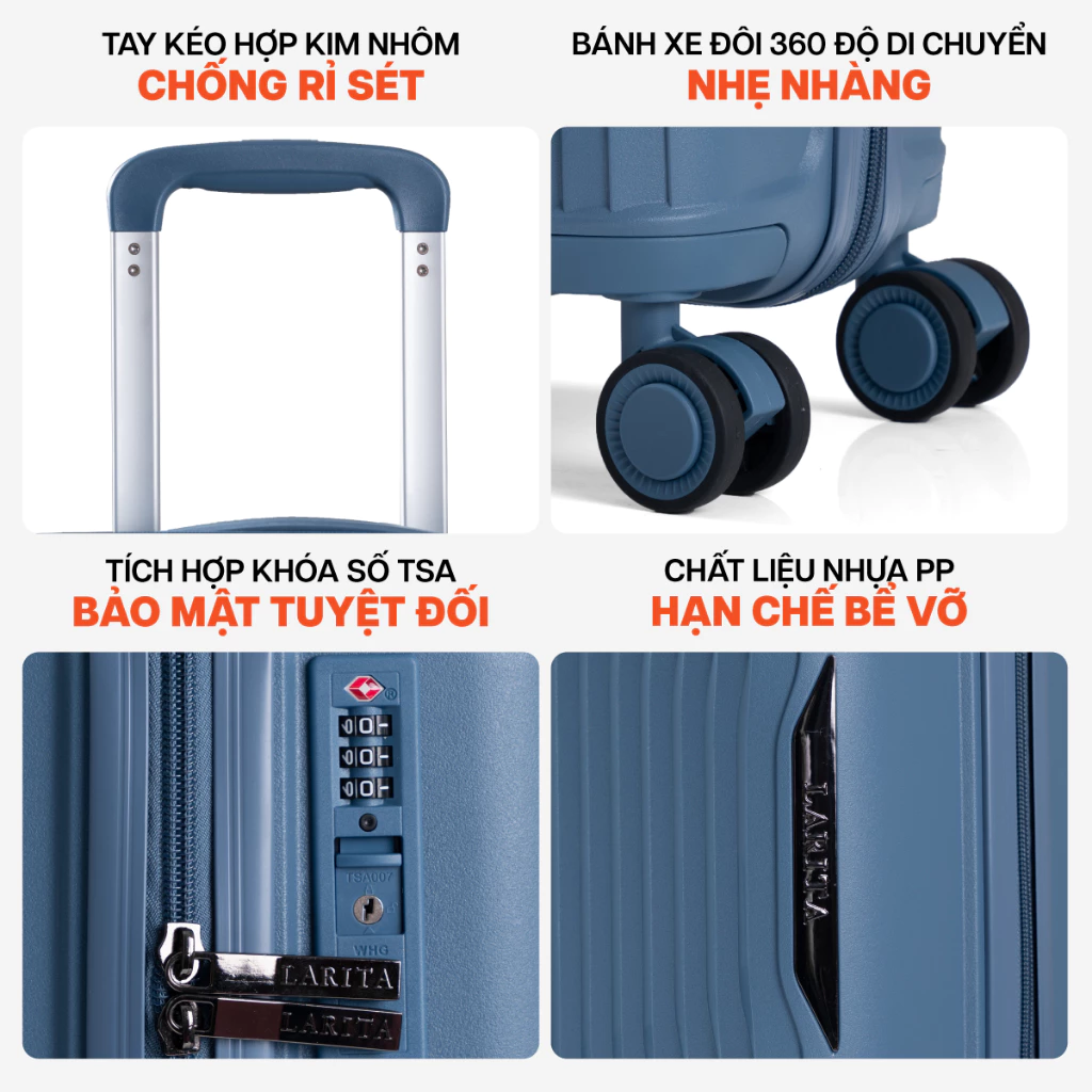 [🔥BEST SELLER] Vali Kéo MIAvn Larita ROTA - Size 20/24/28, Nhựa PP Dẻo Siêu Bền, Hạn Chế Bể, Khoá TSA, Bảo Hành Trọn Đời