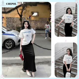 Bộ Áo Phông Nữ Chepol Form Rộng, In Chữ, Cổ Tròn, Phối Chân Váy, Chất Cotton( Áo Thun Trắng + Chân Váy Đuôi Cá )CP_10398