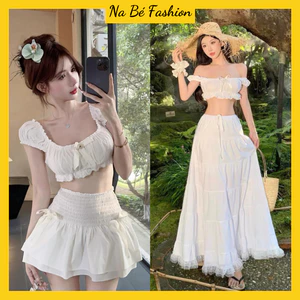 Set Áo Croptop Trễ Vai Đính Nơ Ngực Mix Chân Váy Xòe Viền Ren Phù Hợp Đi Biển, Du Lịch