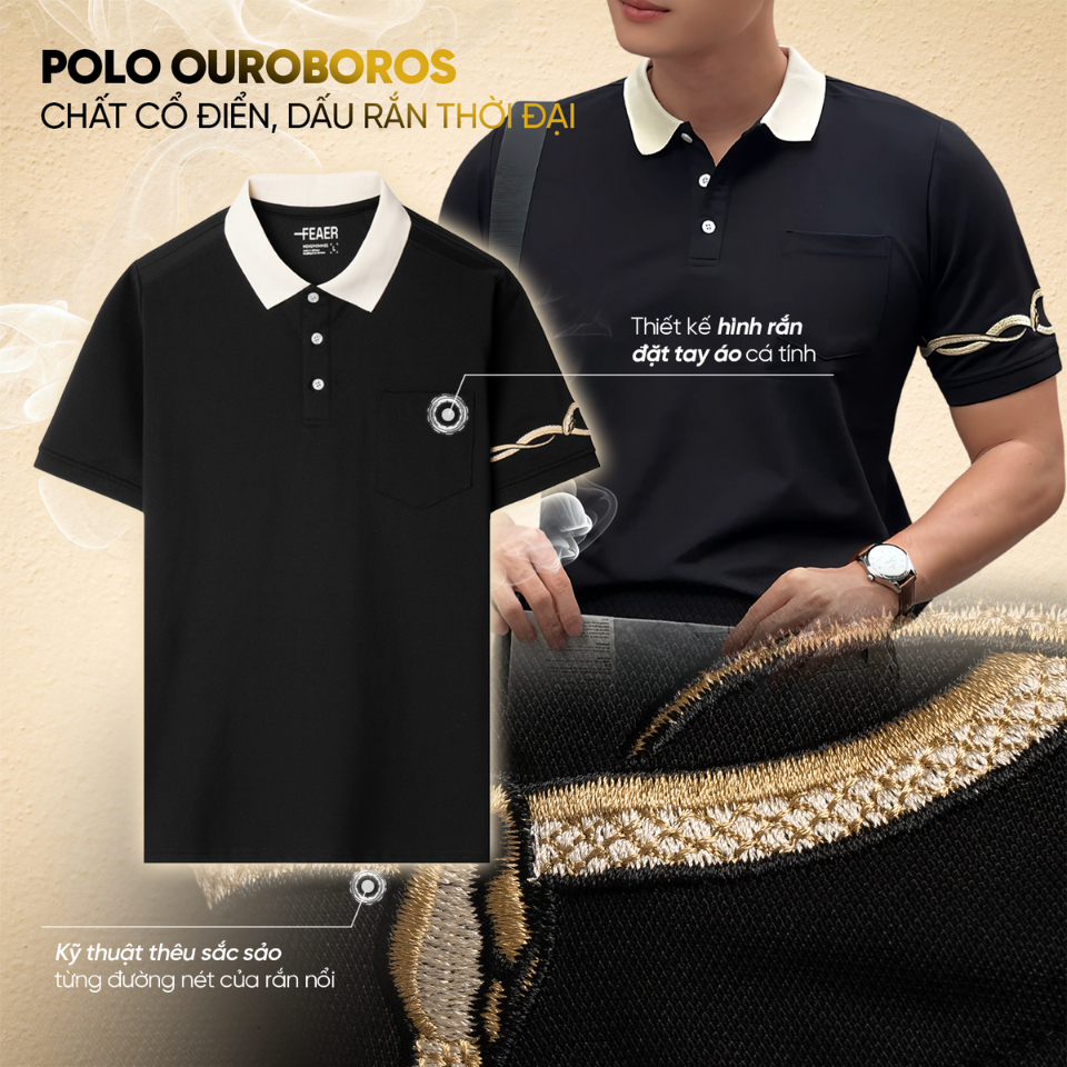 Áo polo nam có cổ Ouroboros, chất vải Cotton Micro mềm mịn, thấm hút, bền màu, họa tiết thêu rắn - FEAER