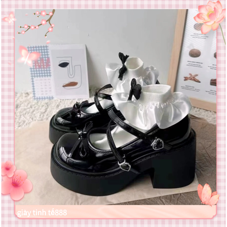 🔥Còn hàng🔥Giày búp bê nữ đế cao 7cm Thiết kế nơ Giày nữ Lolita 7p trắng và đen(size35-40)