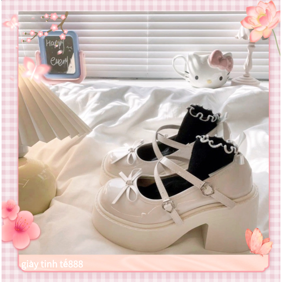🔥Còn hàng🔥Giày búp bê nữ đế cao 7cm Thiết kế nơ Giày nữ Lolita 7p trắng và đen(size35-40)