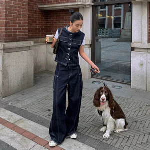 Bộ đồ Thành Phù Hợp Với Nữ Xuân Hè Thoáng Mát Thường Ngày Mặc Áo Vest Denim Ôm Hơn Nhìn Rộng Quần Hai M