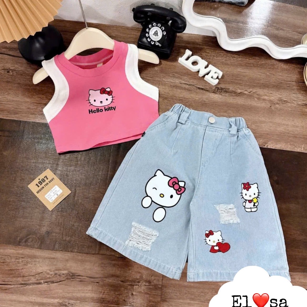 Quần áo bé gái - SET QUẦN BÒ KITY siêu xinh cho bé 1-8 Tuổi
