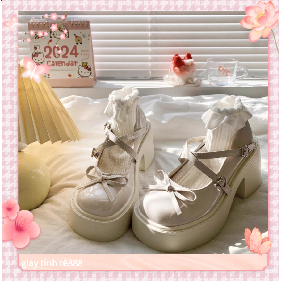 🔥Còn hàng🔥Giày búp bê nữ đế cao 7cm Thiết kế nơ Giày nữ Lolita 7p trắng và đen(size35-40)