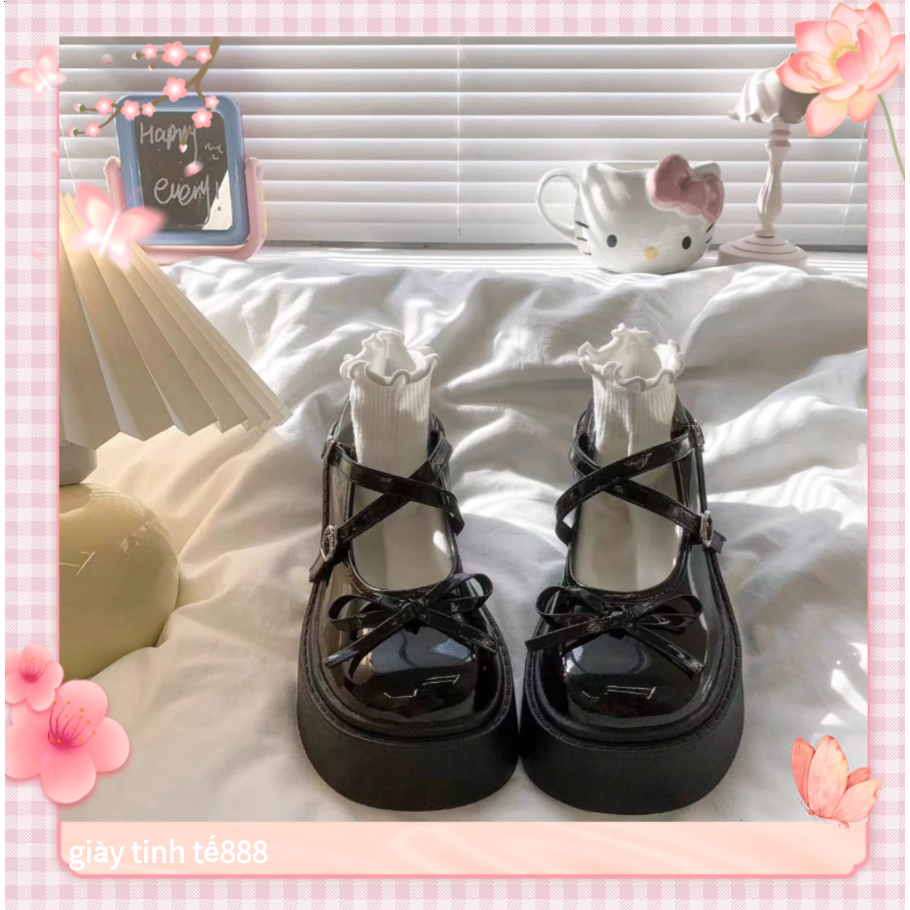 🔥Còn hàng🔥Giày búp bê nữ đế cao 7cm Thiết kế nơ Giày nữ Lolita 7p trắng và đen(size35-40)