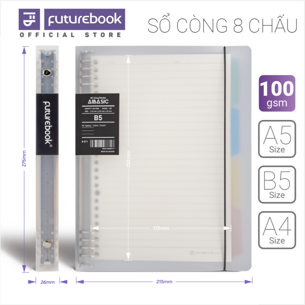Sổ Còng Binder AIBASIC FUTUREBOOK 8 Chấu A4/B5/A5 120 Trang 100GSM, Ruột Tháo Rời