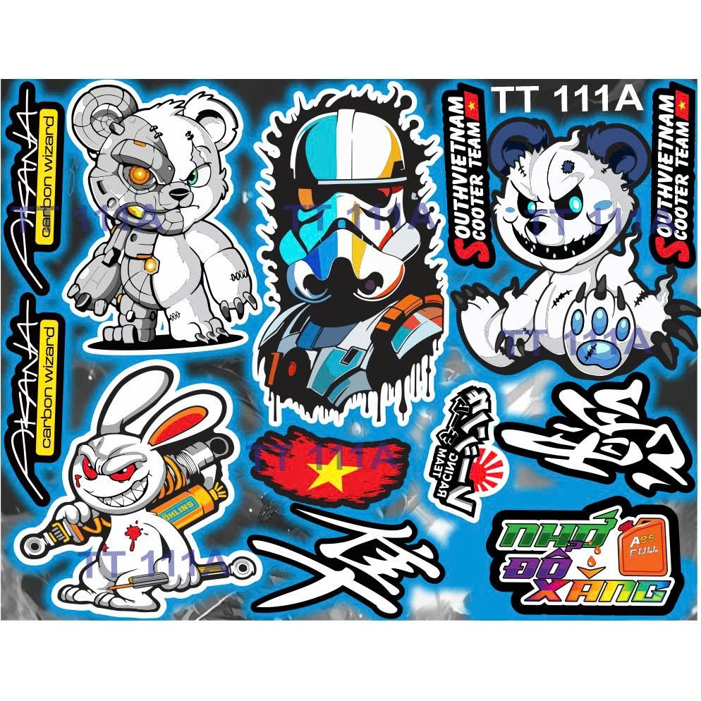 nhãn dán sticker chữ race, gấu quỷ mini,thỏ cầm phuộc...dán lên xe điện ...