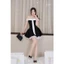 Đầm ngắn KHIẾT dáng xòe trễ vai ruby đen phối nơ trắng KD212