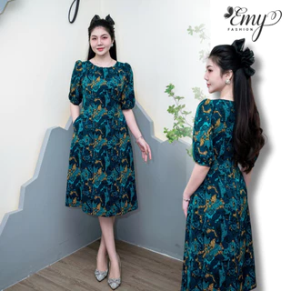 Đầm Thiết Kế EMY Thời Trang Cao Cấp EM9624 Vải Mango Họa Tiết Xanh Cổ Vịt Sang Chảnh Đi Tiệc