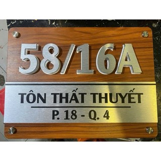 Bảng số nhà nền alu vân gỗ cánh dán, chữ bạc xước kích thước theo yêu cầu