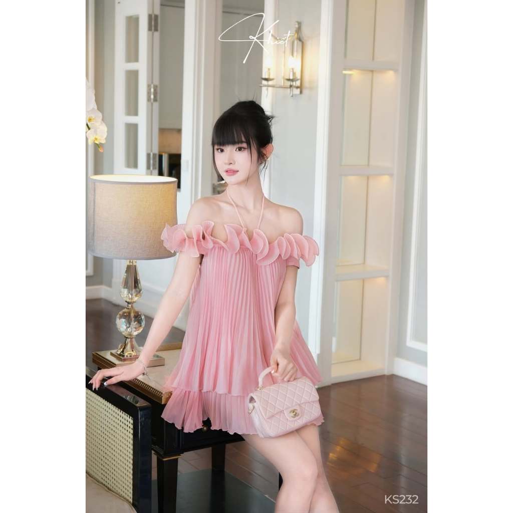 Set váy ngắn KHIẾT trễ vai dập ly xòe KS232 tone hồng ngọt ngào nữ tính