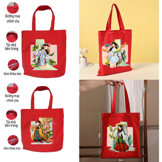 Túi Tote vải Canvas bộ sưu tập áo dài Phụ Nữ Việt Nam - túi đỏ có khóa ngăn phụ siêu xinh mặc đi chơi du lịch tuid010