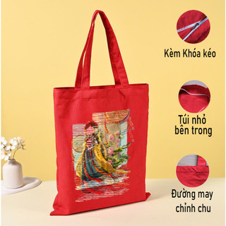 Túi Tote vải Canvas bộ sưu tập áo dài Phụ Nữ Việt Nam - túi đỏ có khóa ngăn phụ siêu xinh mặc đi chơi du lịch tuid010