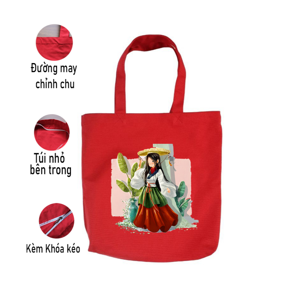 Túi Tote vải có khóa kéo túi vanvas bộ sưu tập áo dài Phụ Nữ Việt Nam - túi đeo vai màu be và đỏ nhiều hình tota058