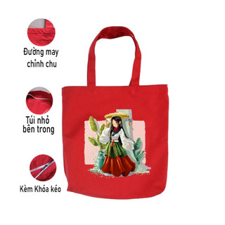 Túi Tote vải Canvas bộ sưu tập áo dài Phụ Nữ Việt Nam - túi đỏ có khóa ngăn phụ siêu xinh mặc đi chơi du lịch tuid010