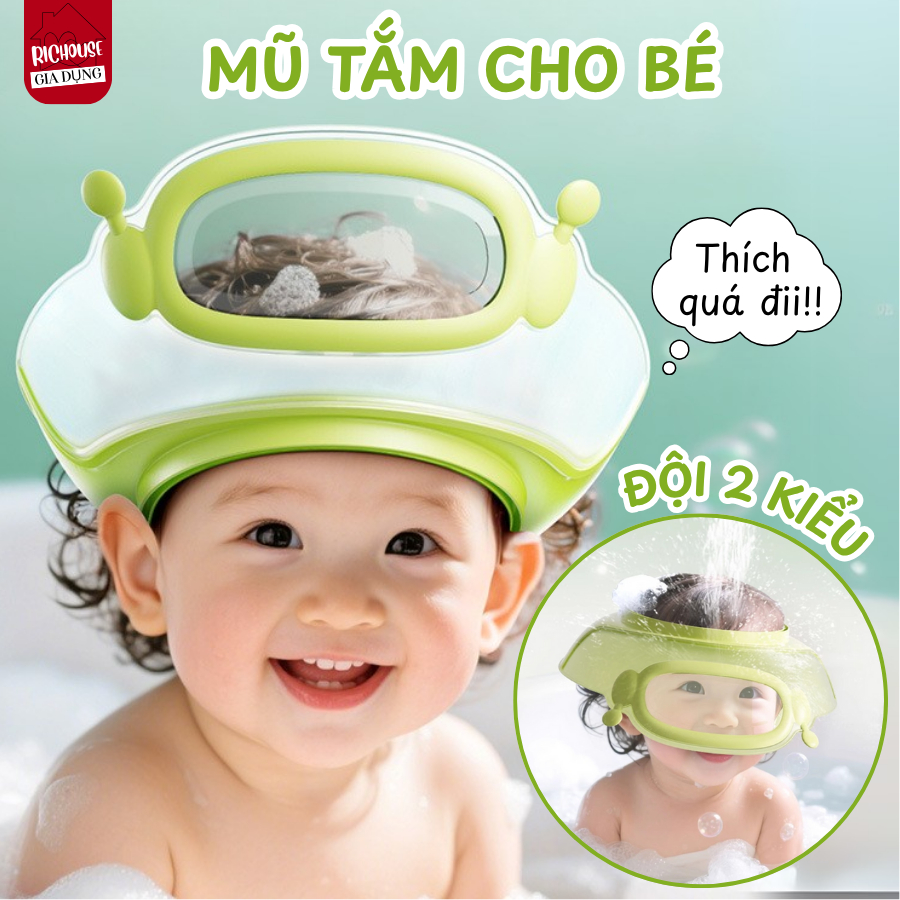 Mũ Tắm Cho Bé Silicon Chắn Nước  Vào Tai và Mắt, Đeo Được 2 Mặt Và Điều Chỉnh 0-15 Tuổi