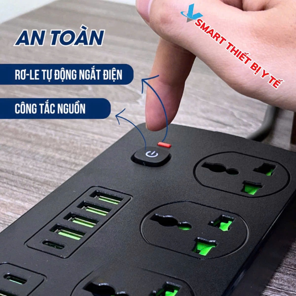 Ổ Cắm Điện Đa Năng Thông Minh Chịu Tải Cao 3000w Hỗ Trợ Cổng Sạc USB TypeC An Toàn Chống Cháy Nổ