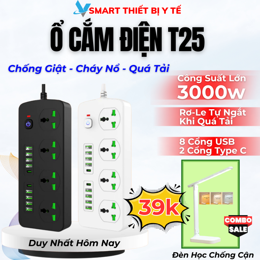 Ổ Cắm Điện Đa Năng Thông Minh Chịu Tải Cao 3000w Hỗ Trợ Cổng Sạc USB TypeC An Toàn Chống Cháy Nổ