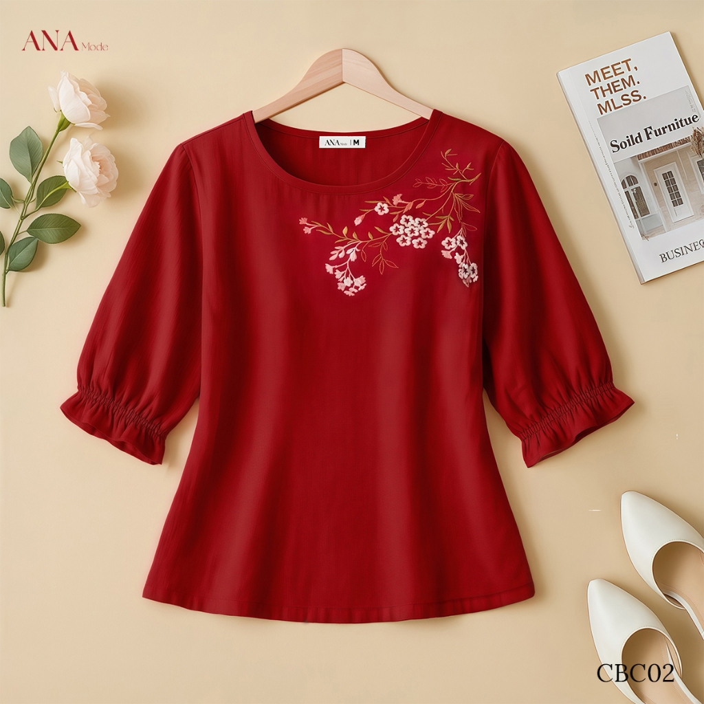 Áo Kiểu Form Rộng Trung Niên ANA Mode Chất Liệu Tơ Xước Mềm Mịn Mát Đi Tiệc Quà Tặng Mẹ AK25CBC02