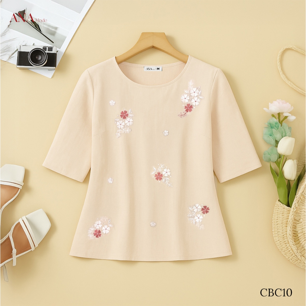Áo Kiểu Thêu Hoa Trung Niên ANA Mode Chất Liệu Tơ Xước Cao Cấp Đi Chơi Quà Tặng Mẹ AK25CBC10
