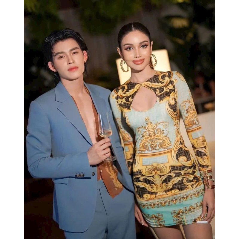 Đầm ôm body tay dài hoạ tiết Versace xanh dương