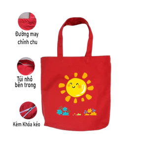 Túi vải canvas màu đỏ Mặt trời SUNNY CÓ KHÓA KÉO - TÚI TOTE DU LỊCH đeo vai phong cách thời trang đựng đồ tuid014