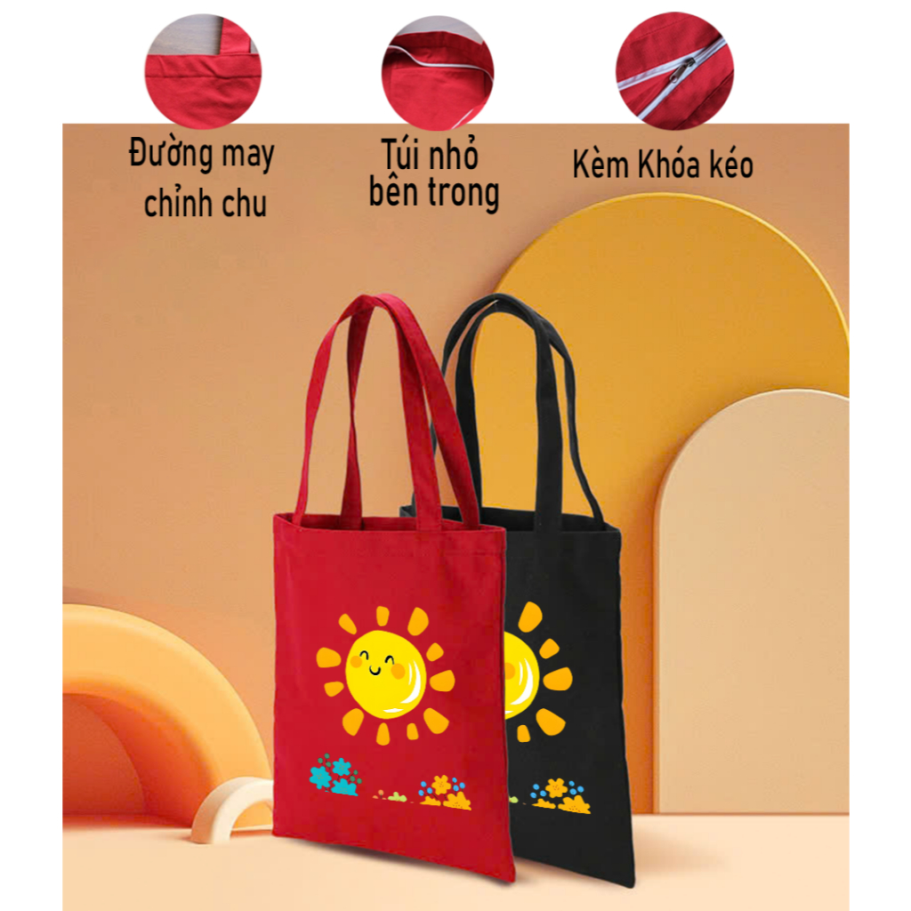 Túi vải canvas màu đỏ Mặt trời SUNNY CÓ KHÓA KÉO -  TÚI TOTE DU LỊCH đeo vai phong cách thời trang đựng đồ tuid014