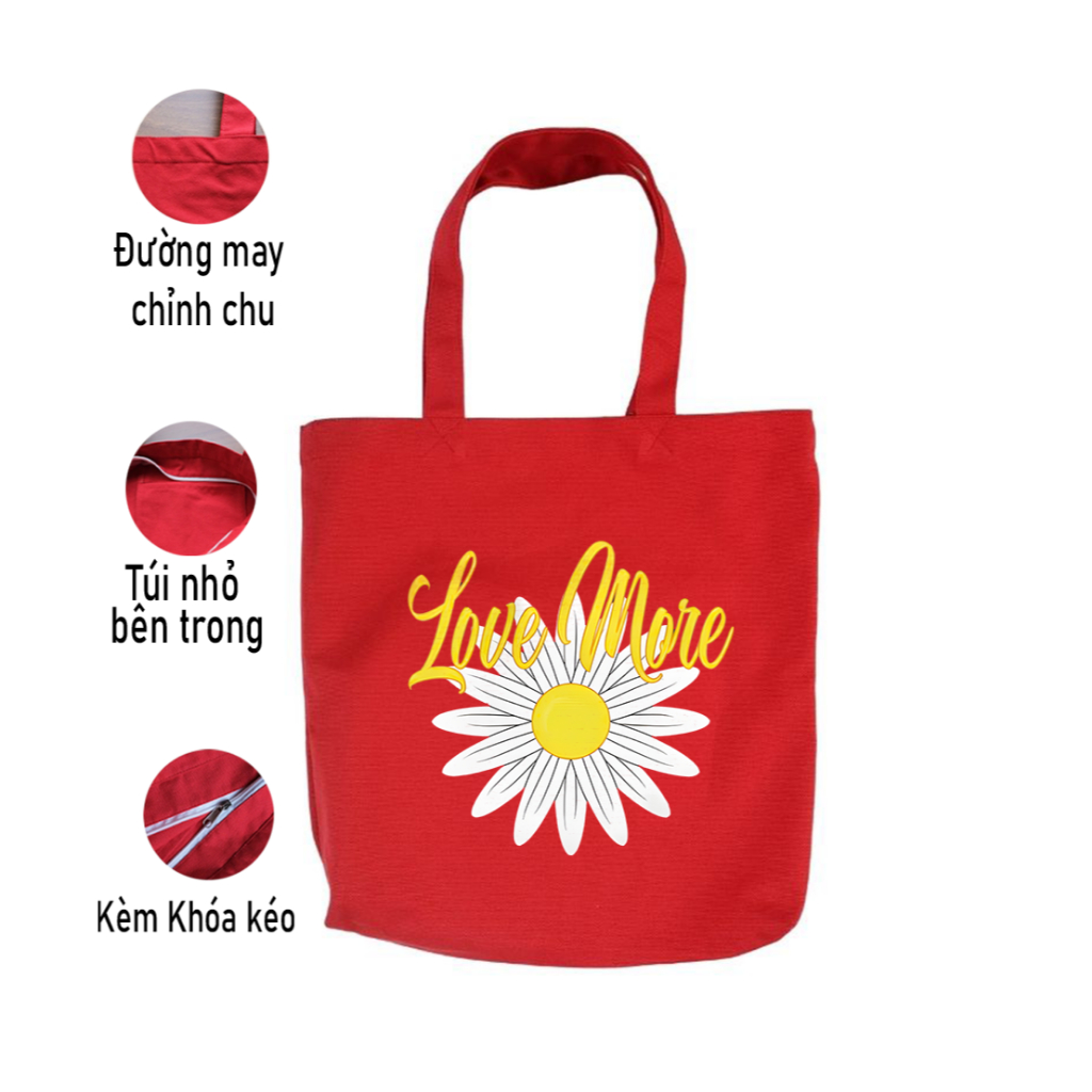 Túi Tote vải Canvas HOA CÚC Hướng dương Sunflower TÚI đỏ CÓ KHÓA KÉO -  TÚI DU LỊCH thời trang đeo vai đựng đồ tuid015