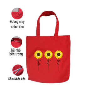 Túi Tote vải Canvas HOA CÚC Hướng dương Sunflower TÚI đỏ CÓ KHÓA KÉO - TÚI DU LỊCH thời trang đeo vai đựng đồ tuid015