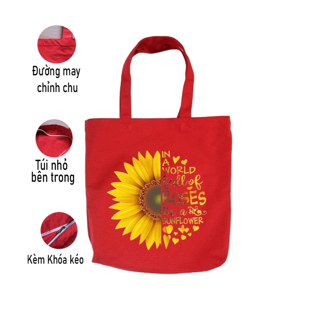 Túi Tote vải Canvas HOA CÚC Hướng dương Sunflower TÚI đỏ CÓ KHÓA KÉO -  TÚI DU LỊCH thời trang đeo vai đựng đồ tuid015