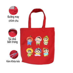 Túi vải canvas in hình SHIN bút chì ngộ nghĩnh màu đỏ CÓ KHÓA KÉO-TÚI TOTE DU LỊCH phong cách thời trang tuid016
