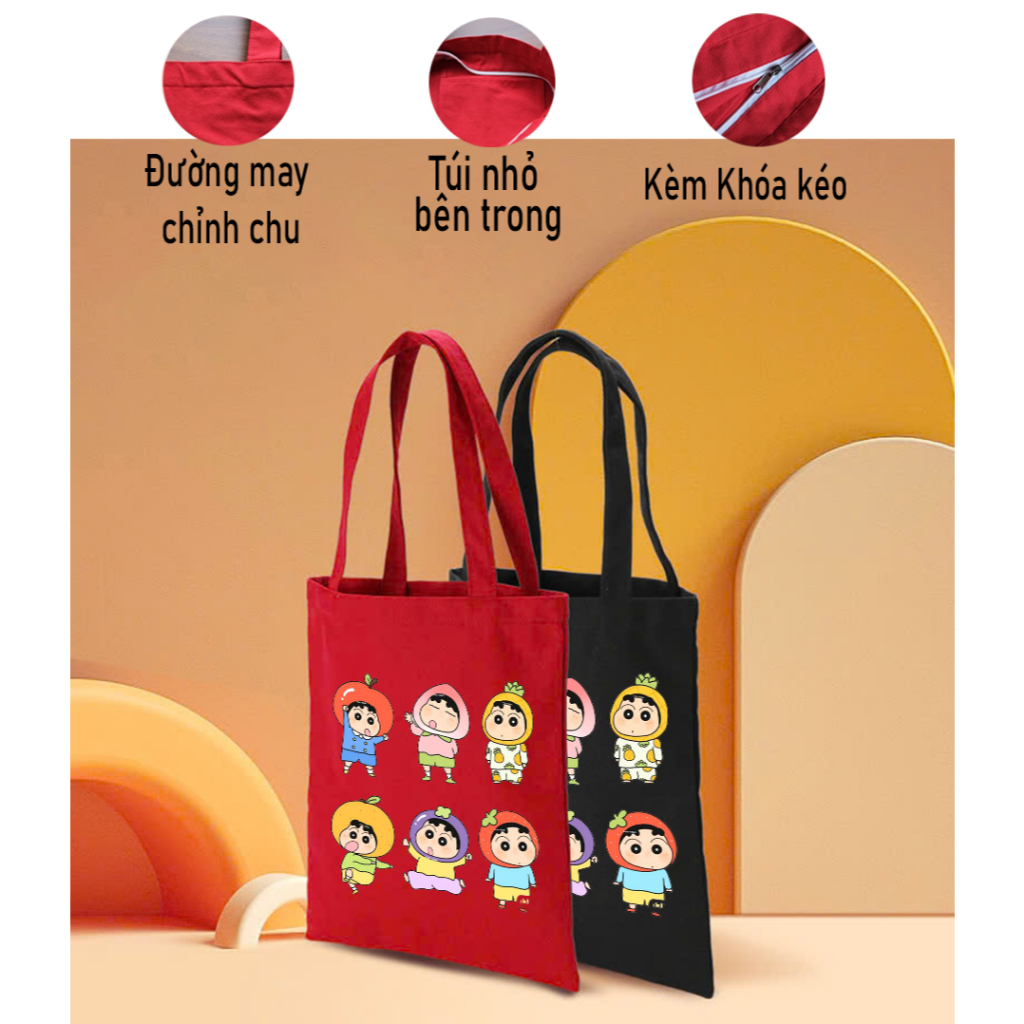 Túi vải canvas in hình SHIN bút chì ngộ nghĩnh màu đỏ CÓ KHÓA KÉO-TÚI TOTE DU LỊCH phong cách thời trang tuid016