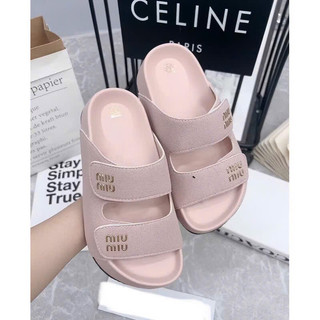 Dép hai quai ngang Dán to minmin chất da lộn cao 3 phân