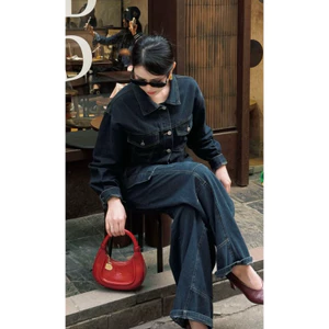 M.H STYLE ORDER Áo khoác denim thiết kế cổ điển nữ mùa thu 2025 quần ống rộng muối cao cấp giản dị mới bộ hai mảnh