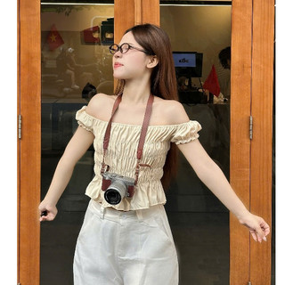Áo Trễ Vai Nhún Ôm Body Dáng Crop 247store Chất Gió Nhăn Co Giãn Aotrevai333