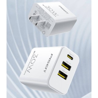 Cốc sạc nhanh 3 cổng Pisen FYD-DQ-06 1 cổng PD TypeC max 30W, 2 cổng USB-A 18W (Trắng)