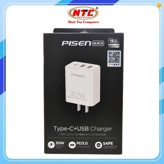 Cốc sạc nhanh 3 cổng Pisen FYD-DQ-06 1 cổng PD TypeC max 30W, 2 cổng USB-A 18W (Trắng)