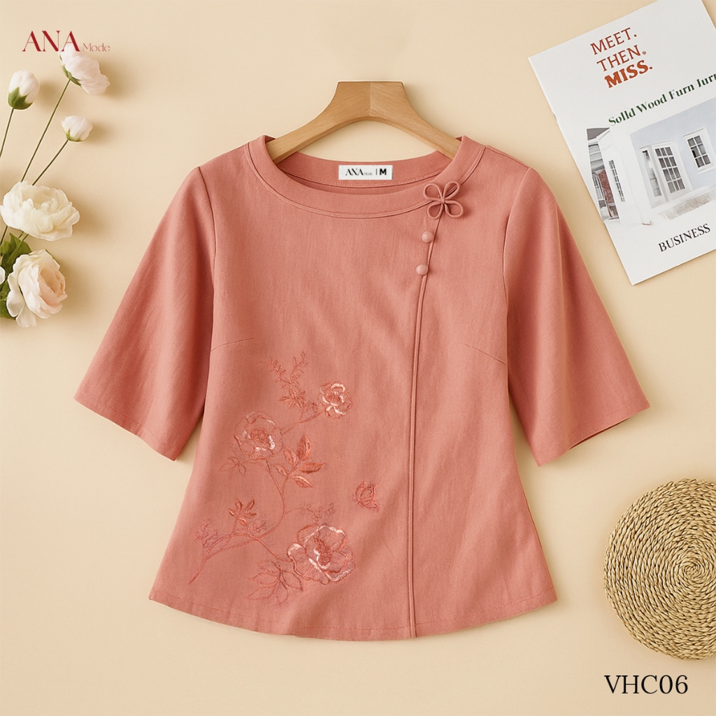 Áo Kiểu Form Rộng Trung Niên ANA Mode Chất Liệu Linen Thun Thanh Lịch Đi Tiệc Quà Tặng Mẹ AK25VHC06