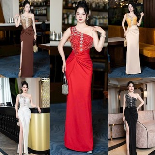 Đầm dạ hội lệch vai kết đá pha lê sang trọng- TK TẶNG HOA TAI