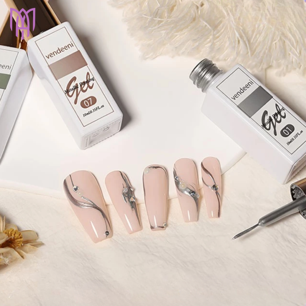 Gel Vẽ Cọ Nét Vendeeni Metal Tráng Gương Có Sẵn Cọ - Nhũ Vàng, Nhũ Bạc, Nhũ Hồng 10ml