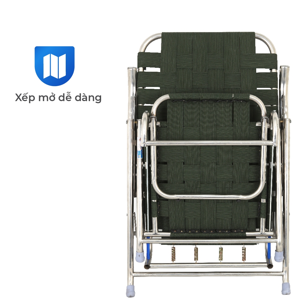 Ghế xếp gấp gọn inox Deli QUI PHÚC, có gác chân, dây dù bản lớn, inox sáng bóng, chịu tải 120kg