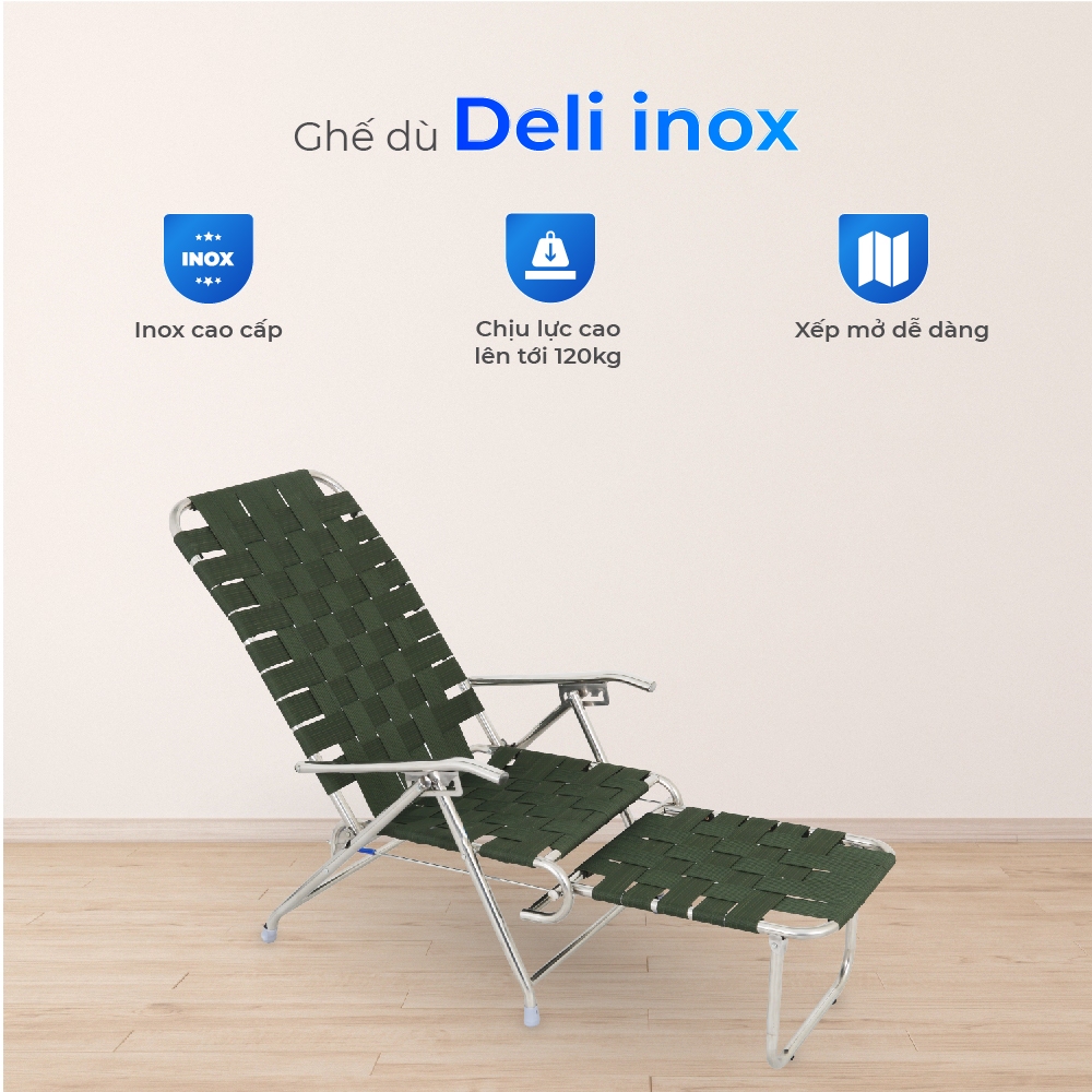 Ghế xếp gấp gọn inox Deli QUI PHÚC, có gác chân, dây dù bản lớn, inox sáng bóng, chịu tải 120kg