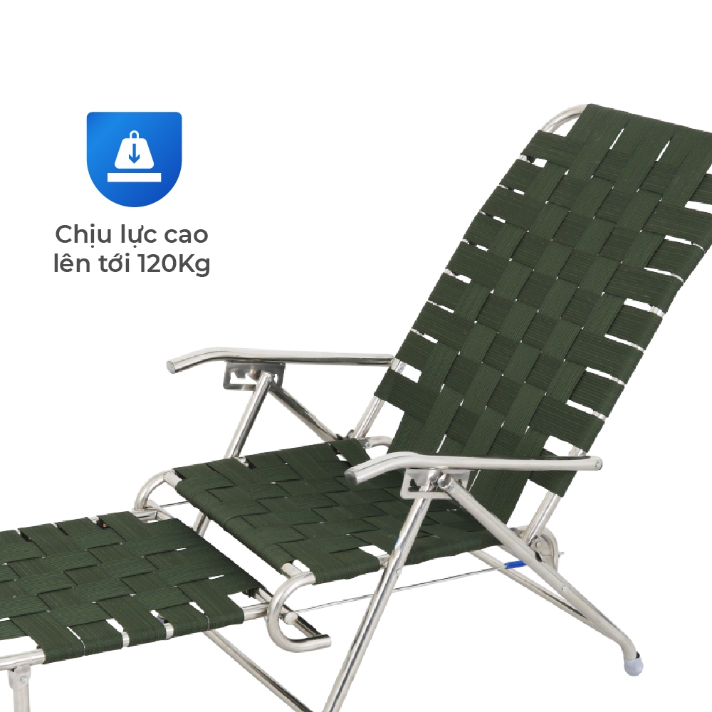 Ghế xếp gấp gọn inox Deli QUI PHÚC, có gác chân, dây dù bản lớn, inox sáng bóng, chịu tải 120kg