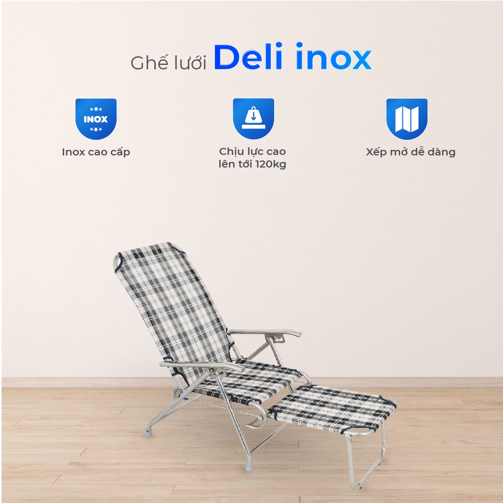 Ghế xếp gấp gọn inox Deli QUI PHÚC, inox sáng bóng, vải lưới cao cấp, thoáng khí, chịu tải 150kg