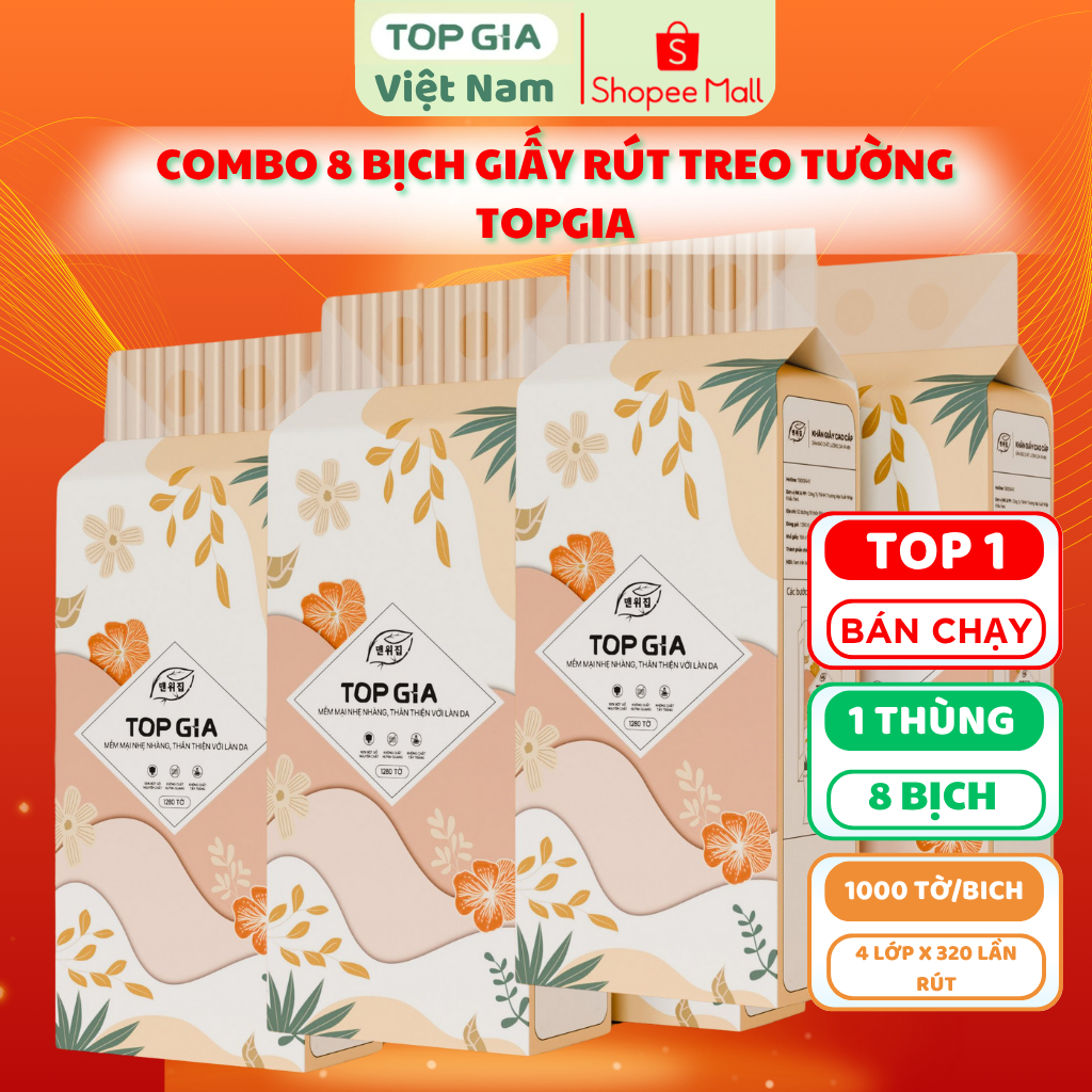 Thùng 8 Bịch Khăn giấy treo tường rút đáy TopGia Tiểu Hạ 1000 tờ x 4 lớp dày dặn mềm mịn