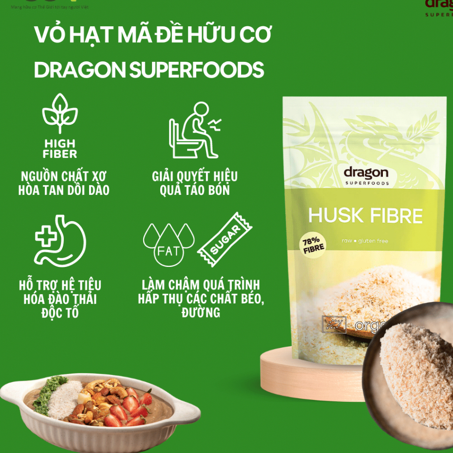 Vỏ hạt mã đề hữu cơ Dragon Superfoods Organic Psyllium Husk Fiber 150g/ Diet-food