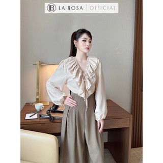 Set Công Sở Tiểu Thư La Rosa Áo Cổ V Nhún Bèo Dài Tay Phối Quần Xếp Ly Ống Rộng Dài Tôn Dáng S874