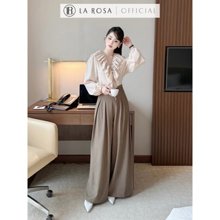 Set Công Sở Tiểu Thư La Rosa Áo Cổ V Nhún Bèo Dài Tay Phối Quần Xếp Ly Ống Rộng Dài Tôn Dáng S874