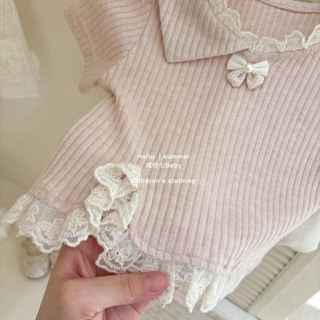 Set áo hồng cổ ren kèm chân váy bí đính nơ xinh xắn đáng yêu cho bé